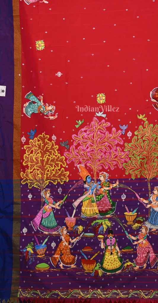 Red Purple Krishna Raas Leela Hand-Painted Pattachitra Saree