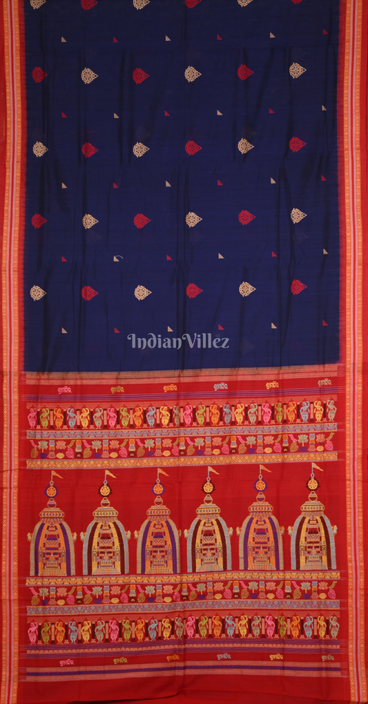 Royal Blue Red Shree Mandir Theme Odisha Ikat Bomkai Cotton Saree
