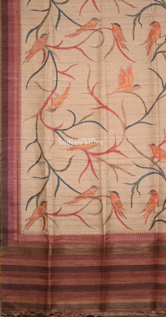 Sandal Maroon Bird Motif Tussar Silk Saree
