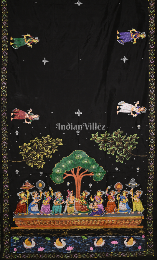 Black Nauka Vihar Hand-painted Pattachitra Saree
