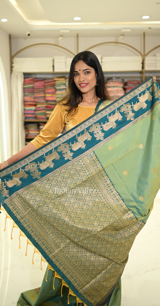 Sea Green Blue Pichwai Satin Silk Banarasi Saree