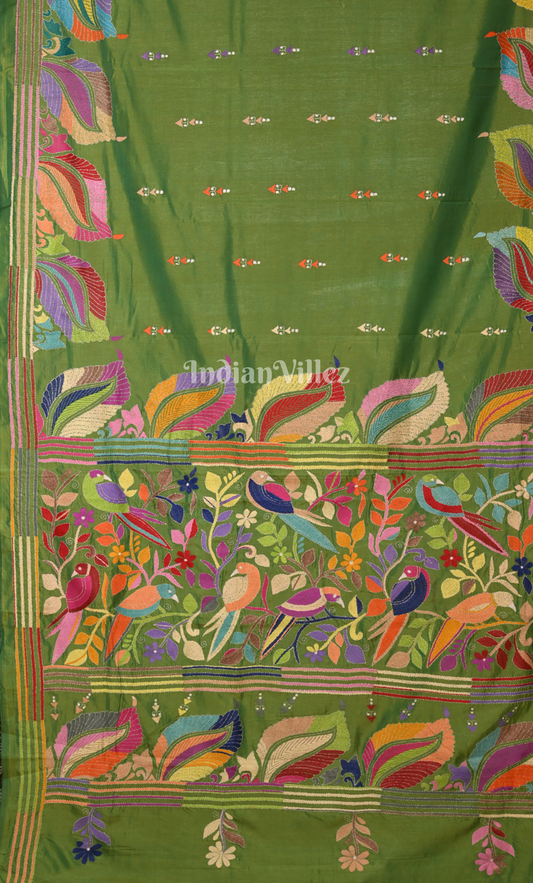 Mehendi Green Handwoven Kantha Stitch Silk Saree