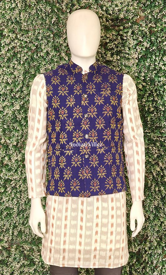 Royal Blue Floral Motif Odisha Ikat Half Bandi Jacket for Men