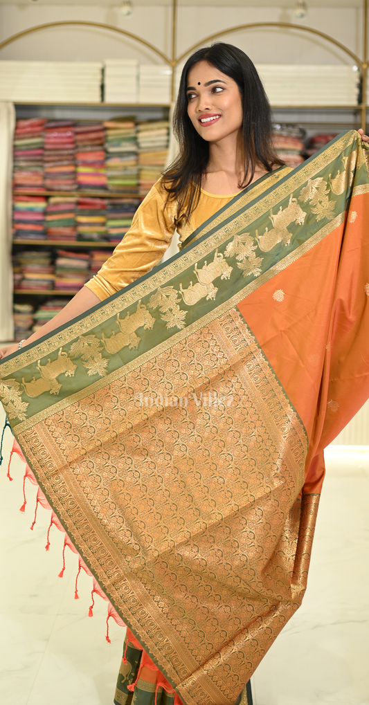 Orange Green Pichwai Satin Silk Banarasi Saree