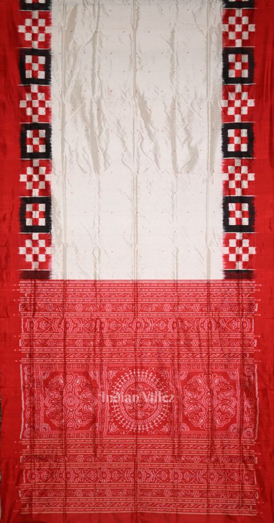 White Red Double Pasapali Border Odisha Ikat Contemporary Designer Silk Saree