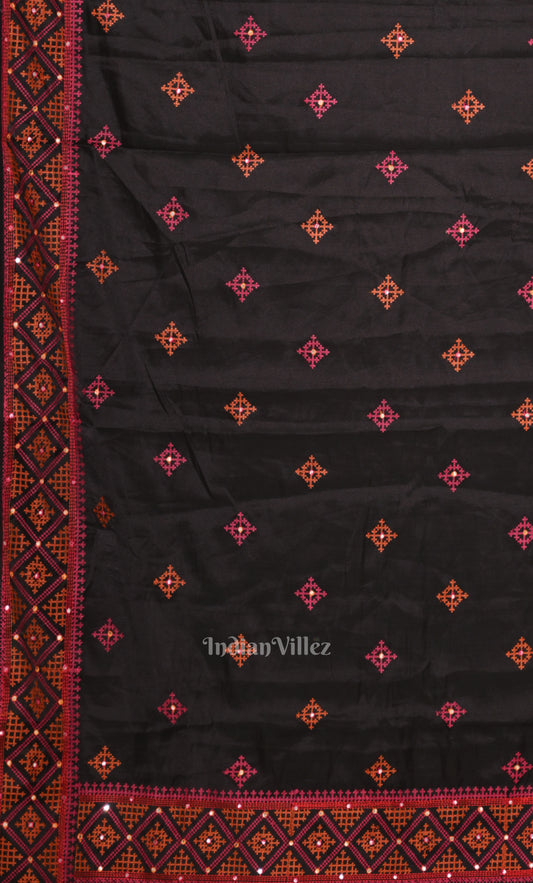 Black Red Tusasr Silk Saree with Hand Embroidery Work