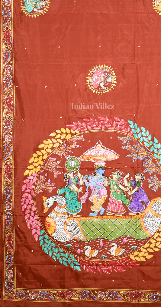 Brown Radha Krishna Boita Theme Pattachitra Saree