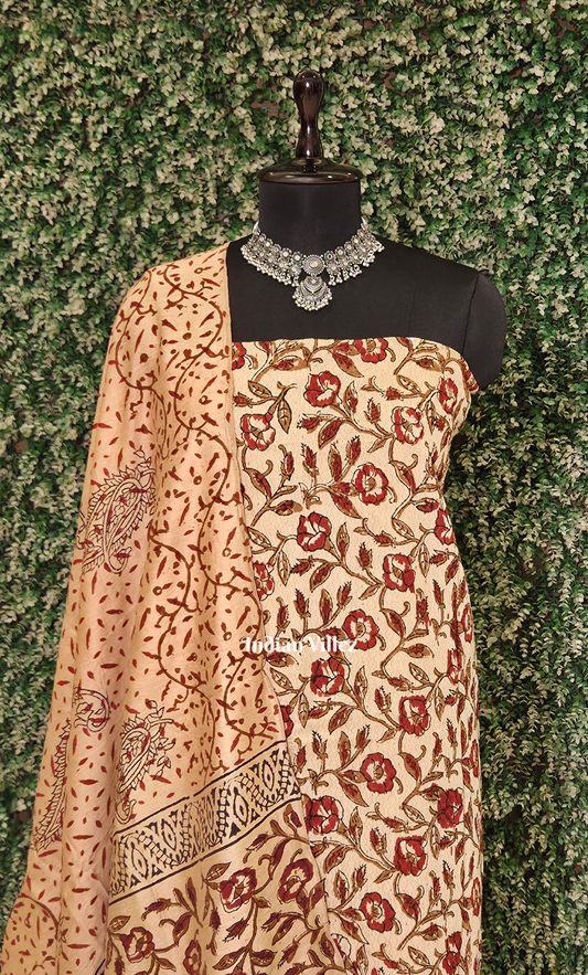 Off White Maroon Floral Bagru Block Printed Chanderi Silk Suit Sets