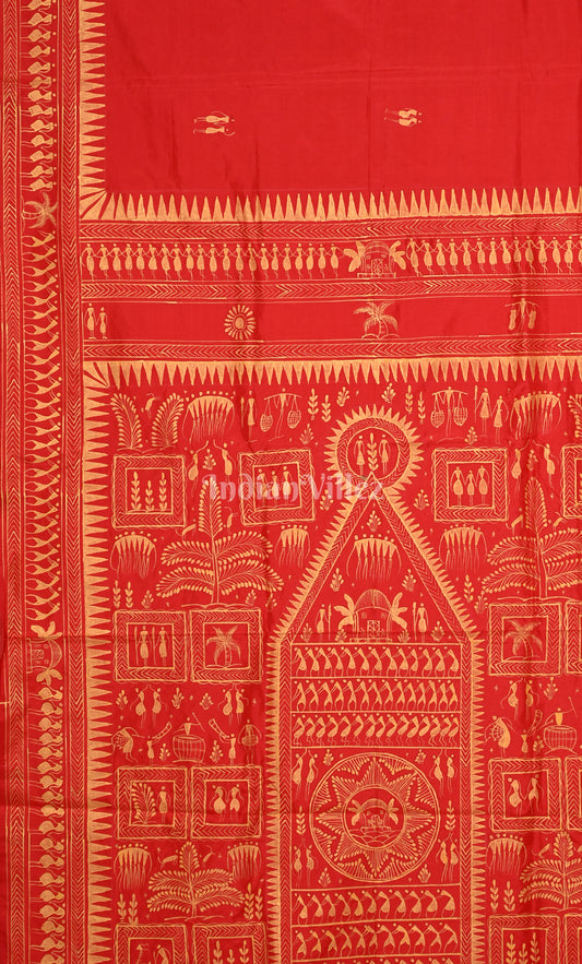 Red Saura Tribal Art Hand-Painted Pattachitra Silk Saree