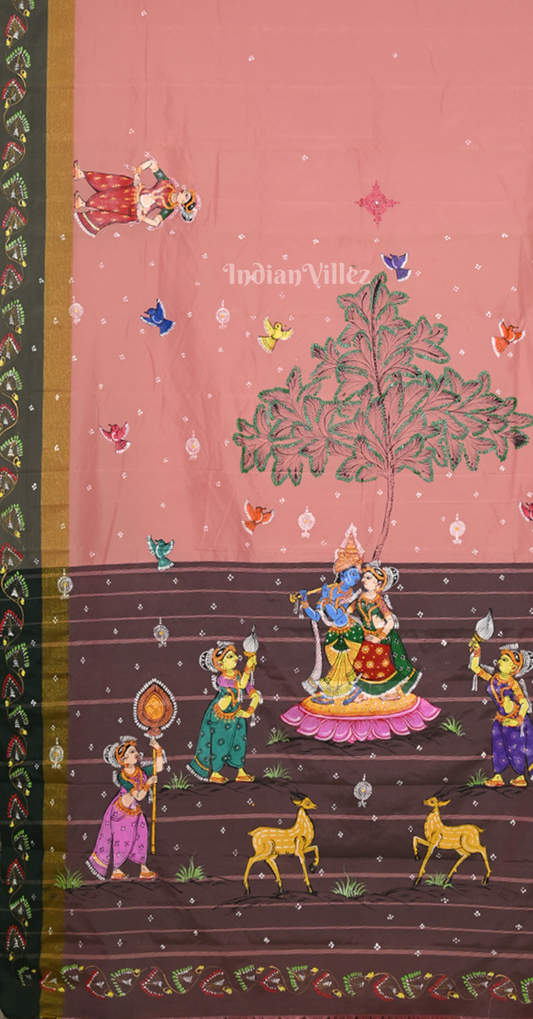 Pink Coffee Krishna Raas Leela Hand-Painted Pattachitra Saree