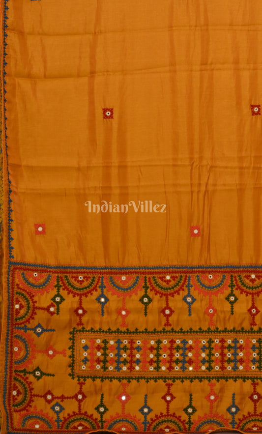 Mustard Yellow Thread Work Hand Embroidery Kutch Work Silk Saree