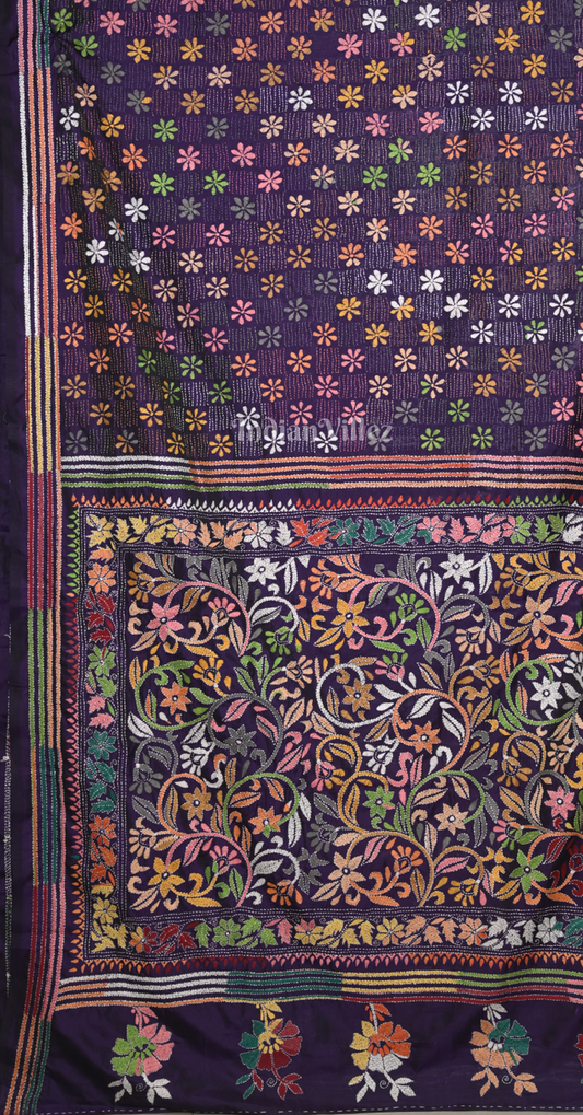 Purple Handwoven Kantha Stitch Silk Saree