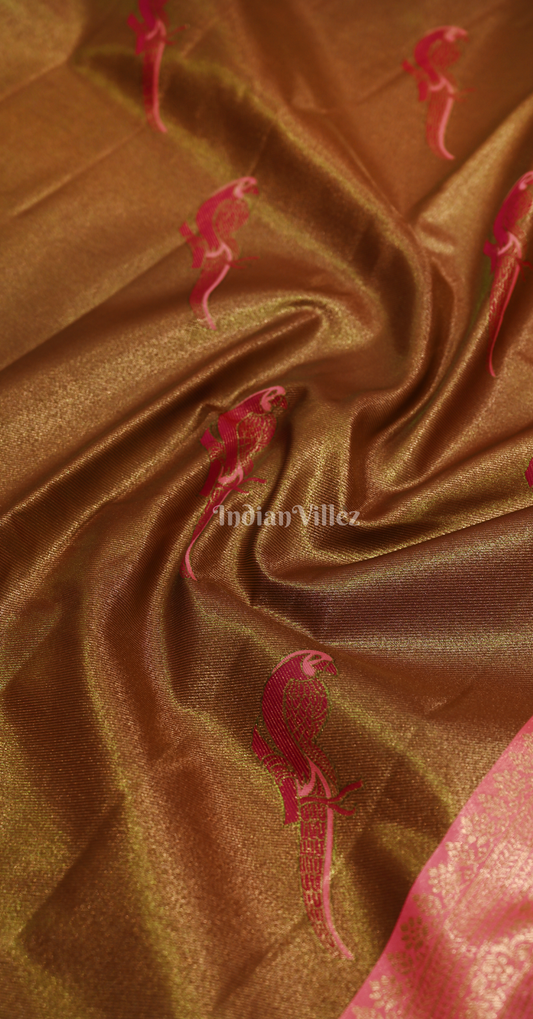 Gold Pink Parrot Motif Pure Kanjivaram Tissue Silk Saree