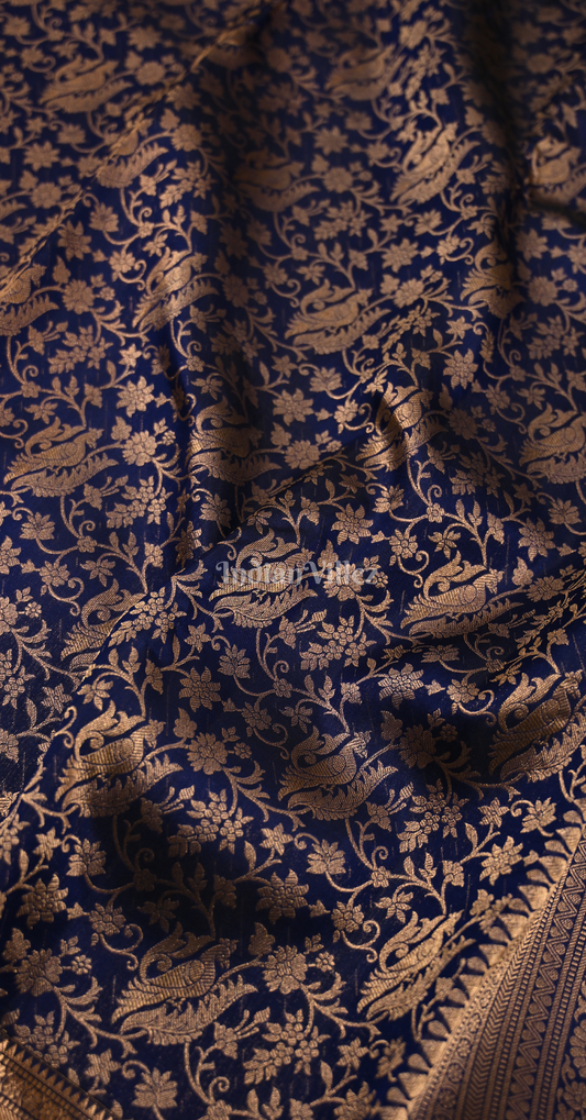 Exclusive Blue Brocade Pure Kanjivaram Silk Saree with Floral & Bird Pattern