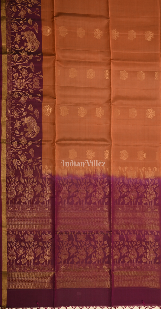 Rust Orange Magenta Pink Floral Pure Kanjivaram Soft Silk Saree