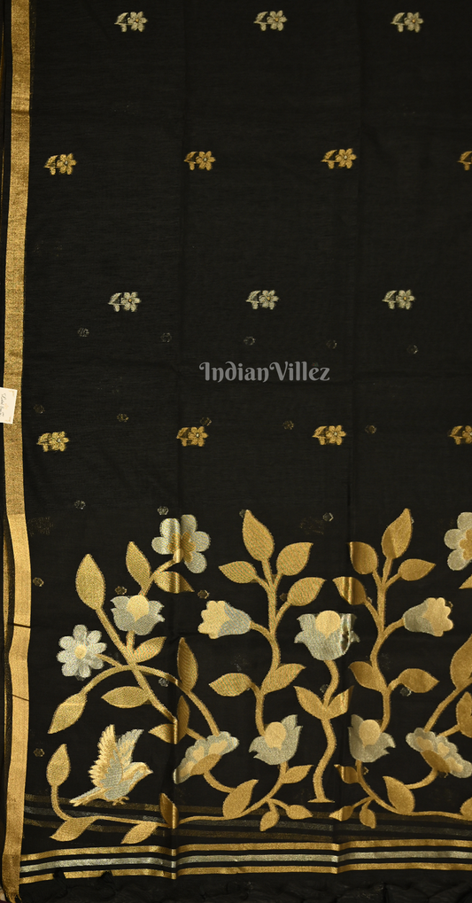 Black Linen Cotton Saree with Gold Zari Floral Pallu