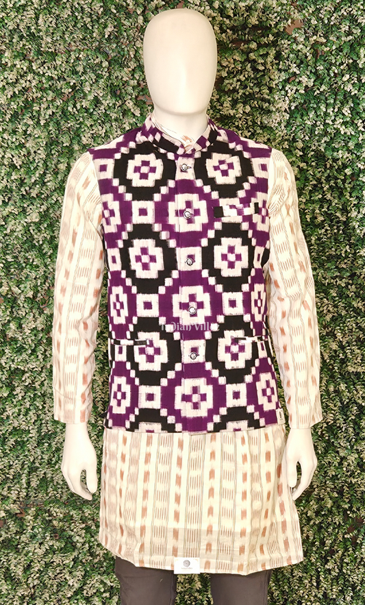 Purple Black Pasapali Odisha Ikat Half Bandi Jacket for Men