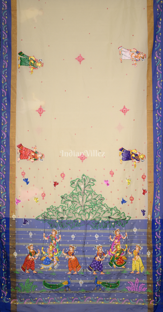 Cream Blue Raja Doli Theme Hand-Painted Pattachitra Saree
