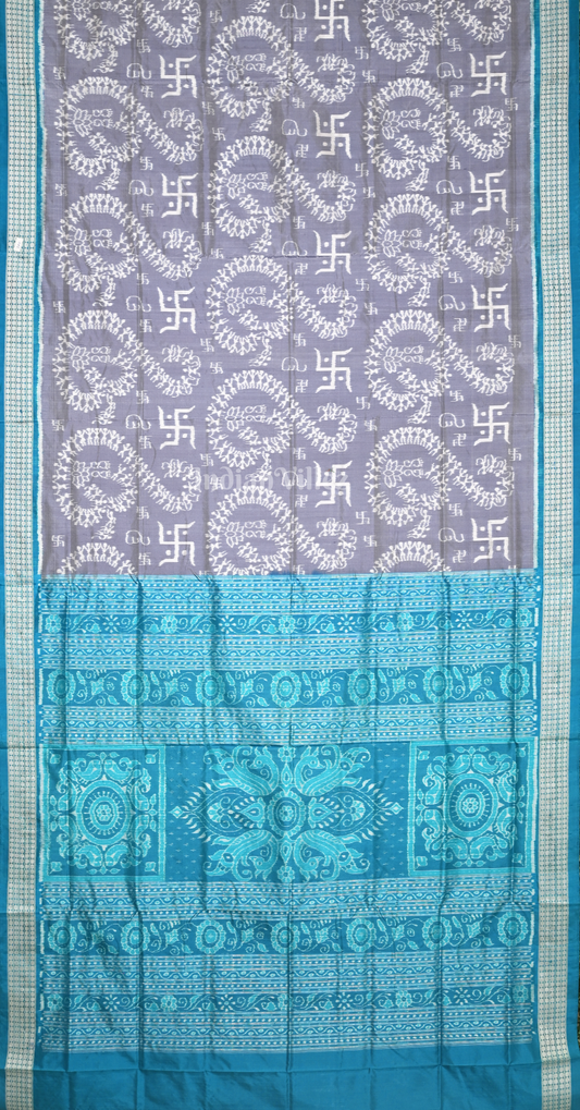 Grey Peacock Blue Swastik Motif Odisha Ikat Sambalpuri Silk Saree