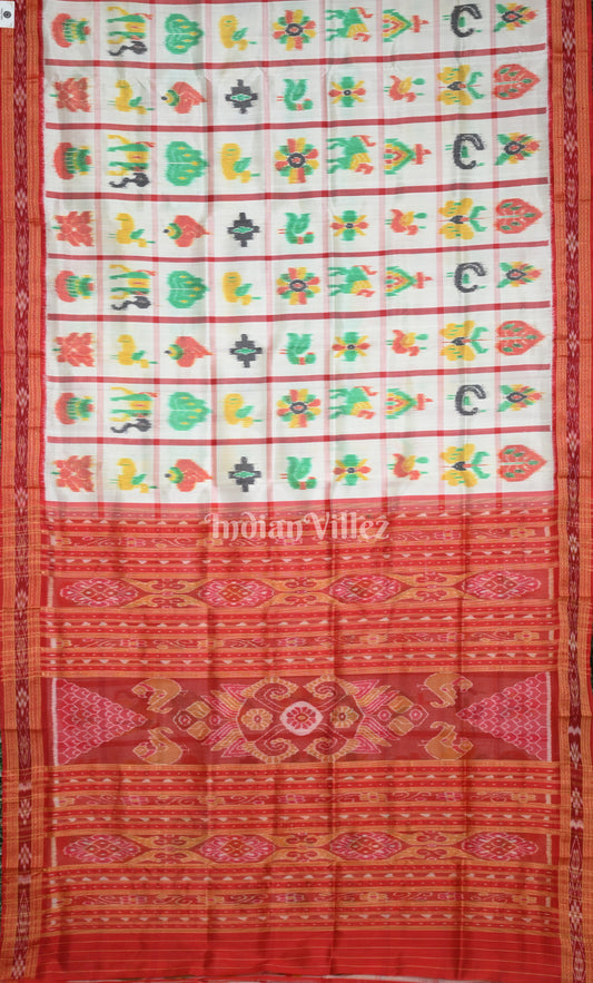 White Red Nabakothi Odisha Ikat Khandua Silk Saree