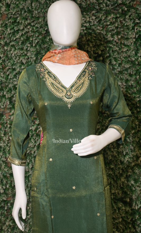 Sage Green Embroidered Kurta Pant with Dupatta Set