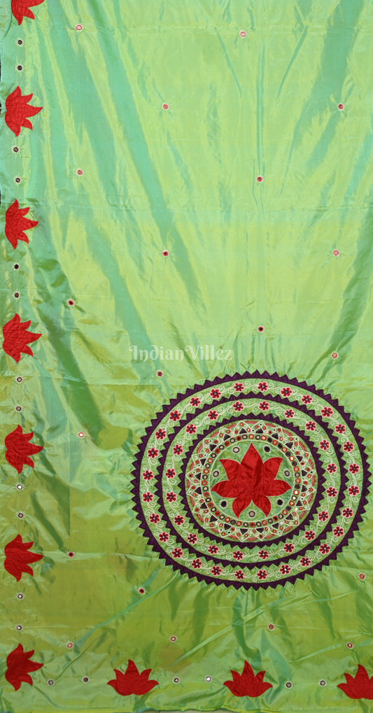 Light Green Red Hand Embroidered Applique Work Saree