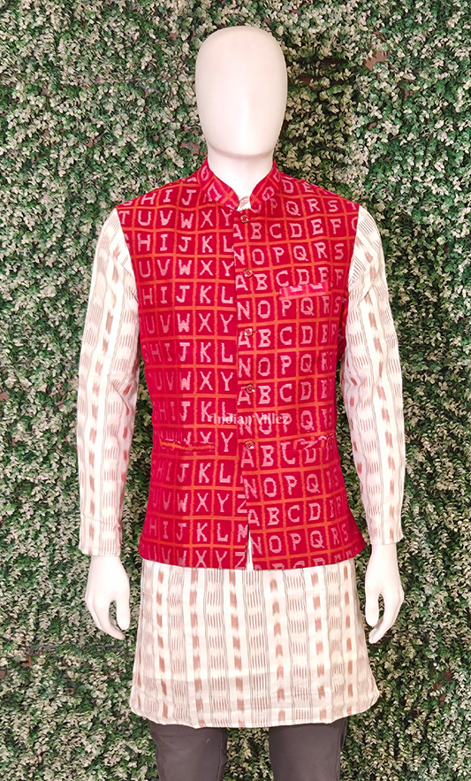 Red Alphabet Theme Odisha Ikat Half Bandi Jacket for Men