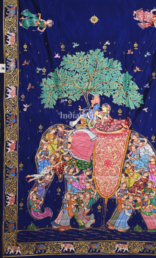 Royal Blue Kandarpa Hati (Elephant) Hand-Painted Pattachitra Saree