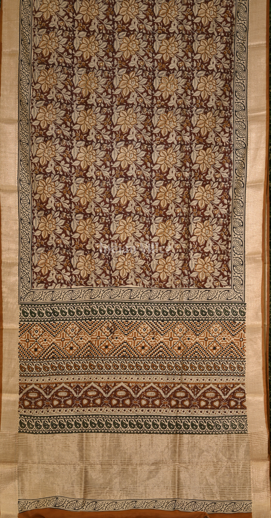 Brown Maroon Block Printed Bagru Cotton Saree