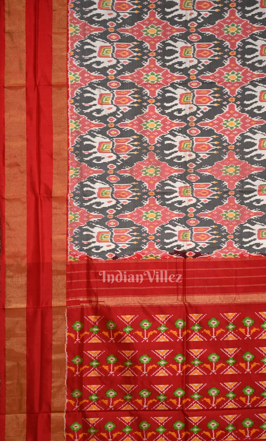 Grey Red Pochampally Ikat Silk Saree
