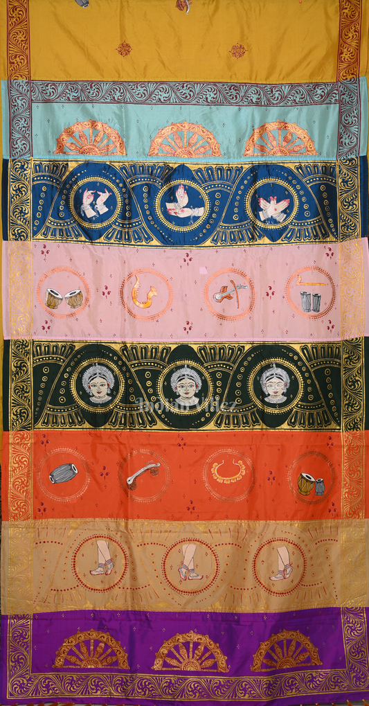 Mustard Yellow Musical Instruments & Dancer Theme Hand-painted Pattachitra Saree