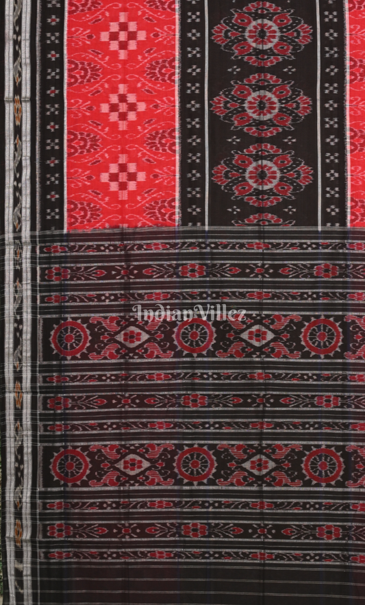 Red Black Flower Pasapali Sambalpuri Pure Cotton Saree