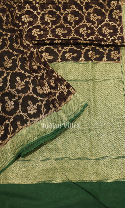 Black Green Floral Work Pure Mashru Satin Silk Banarasi Saree