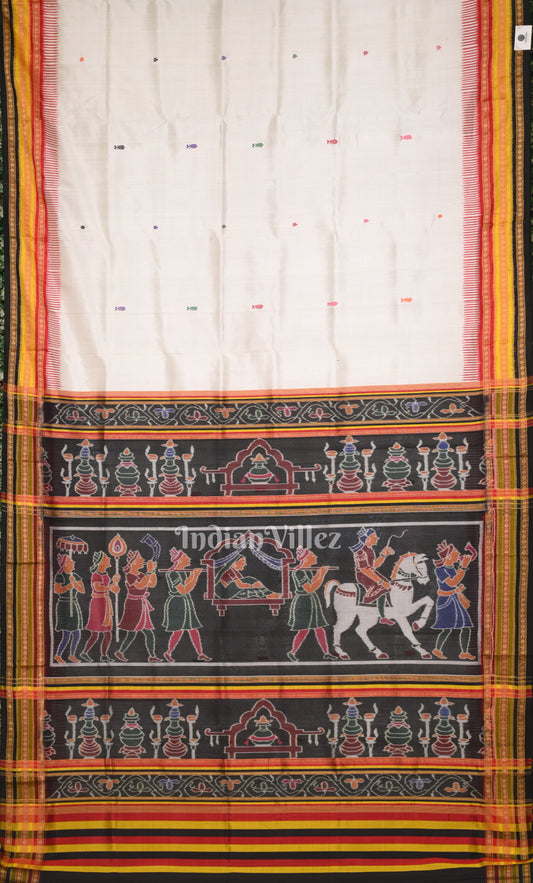 White Black Fish Motif Kathiphera Odisha Ikat Khandua Silk Saree with Doli Barat Anchal