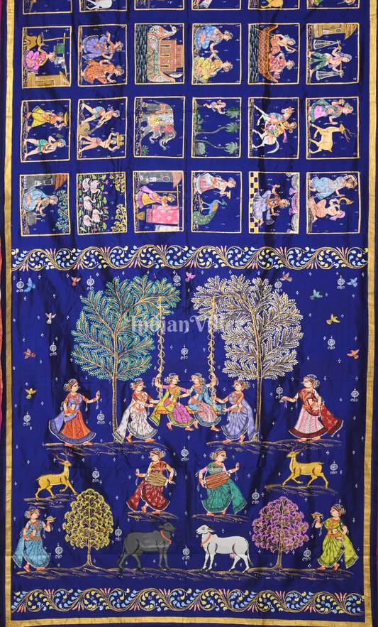 Blue Pink Krishna Raas Village Theme Hand- Painted Pattachitra Saree