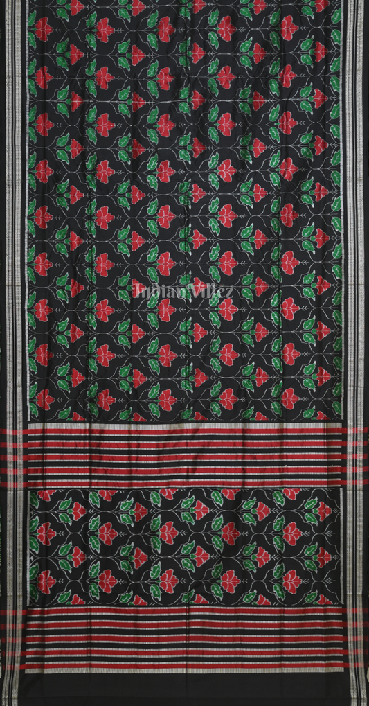 Black Red Mandar Flower Motif Odisha Ikat Sambalpuri Silk Saree