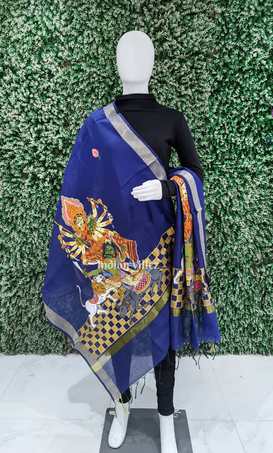 Blue Maa Durga Theme Hand-Painted Patachitra Chanderi Dupatta