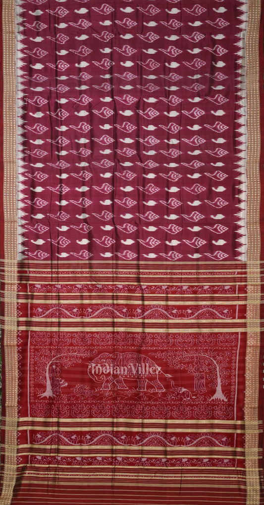 Maroon Sankha Motif Odisha Ikat Sambalpuri Silk Saree with Elephant Anchal