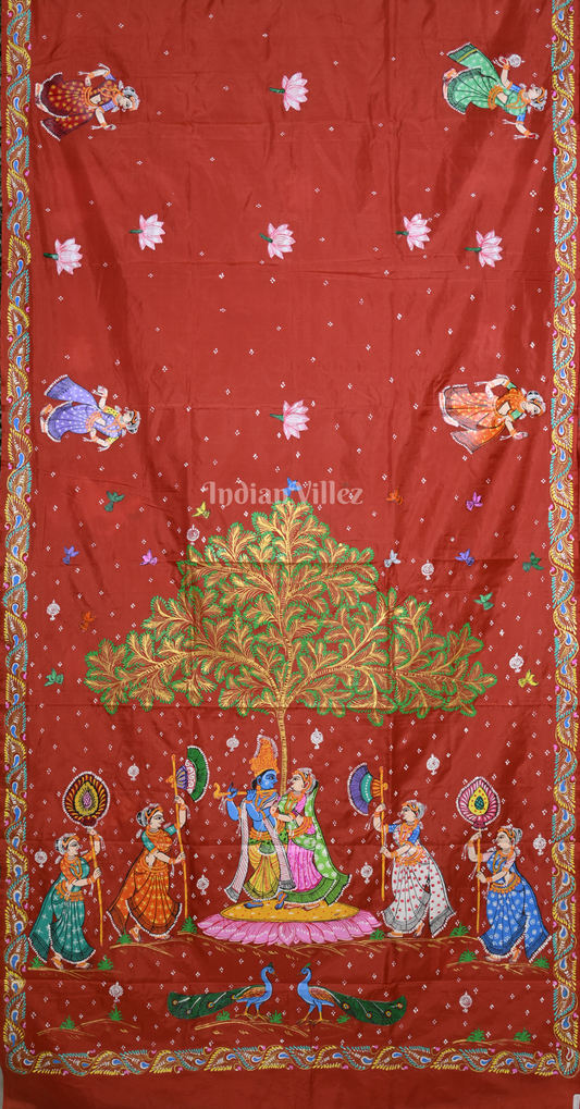 Maroon Krishna Raas Leela Hand-painted Pattachitra Saree