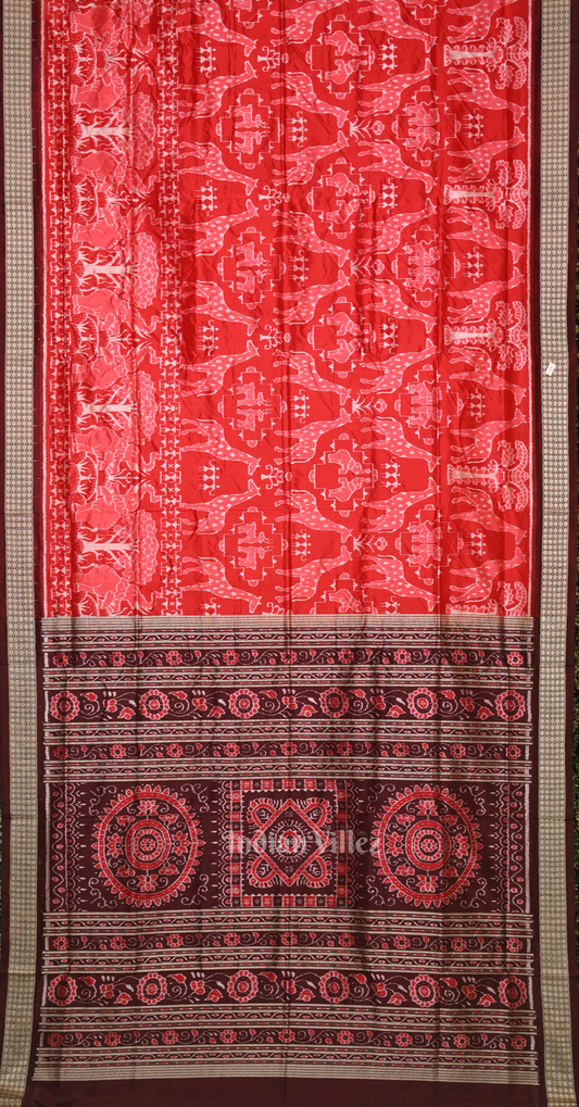 Red Coffee Animal Theme Odisha Ikat Sambalpuri Silk Saree