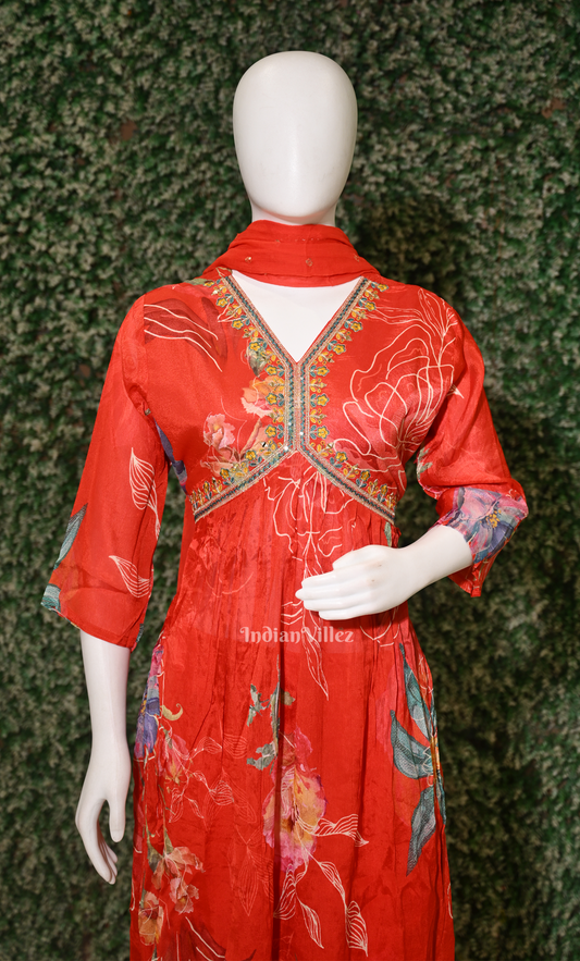 Red Floral Embroidered Alia Cut Anarkali Set with Dupatta