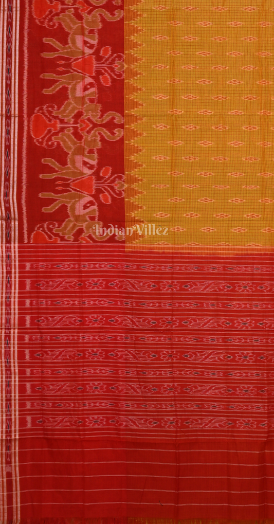 Green Red Checks Peacock Scott Odisha Ikat Maniabandha Cotton Saree