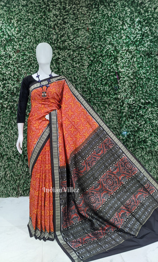 Red Black Flower Motif Odisha Ikat Sambalpuri Silk Saree