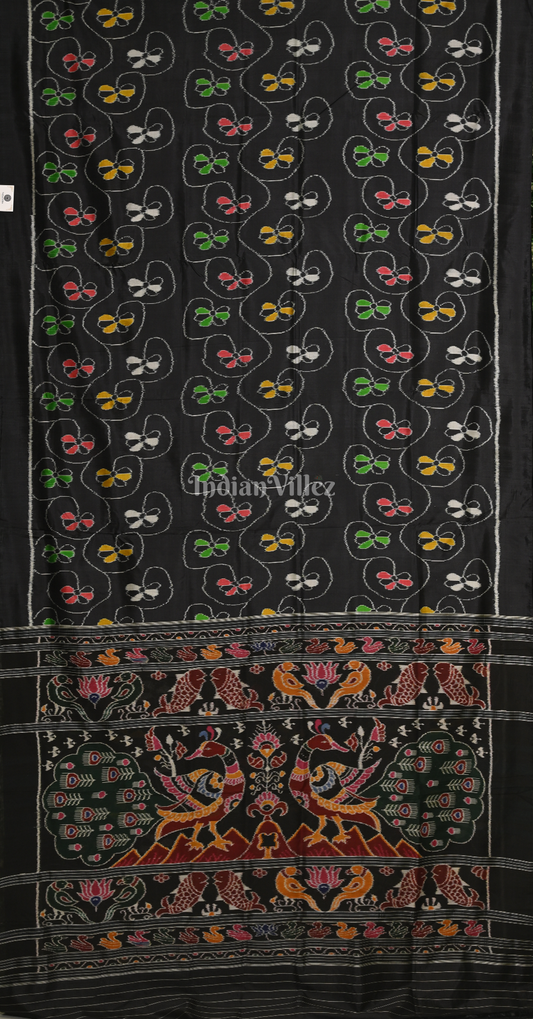 Black Odisha Ikat Contemporary Designer Silk Saree with Peacock Anchal