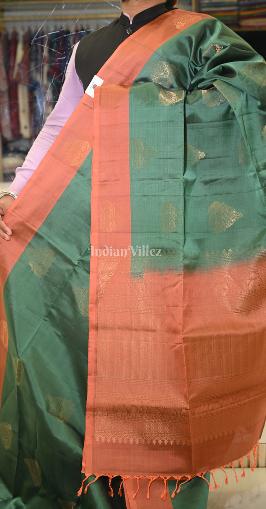 Green Rust Orange Zari Pure Kanjivaram Soft Silk Saree