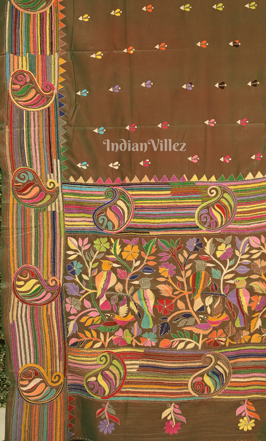 Olive Green Handwoven Kantha Stitch Silk Saree