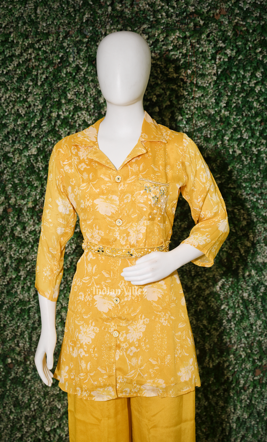 Mustard Yellow Floral Print kurta with pant Set-(Co-Ords Set)