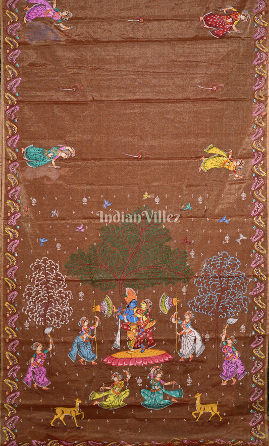 Rust Orange Dual Tone Krishna Raas Leela Hand- Painted Pattachitra Saree (Tissue)