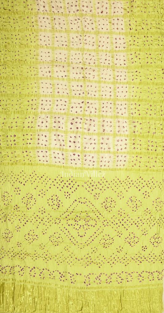 White Lemon Green Bandhani Ghatchola Gaji Silk Saree with Zari Work