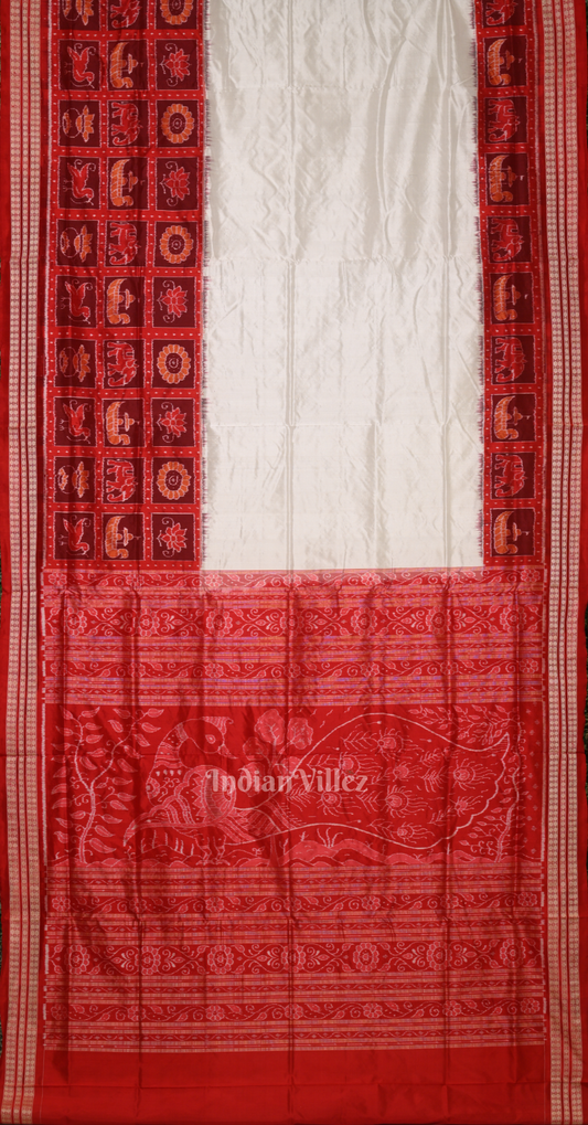 White Red Nabakothi Tissue Sambalpuri Silk Saree with Peacock Anchal
